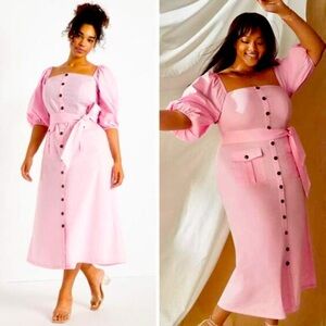 NEW Eloquii pink Puff Sleeve‎ Dress with Pocket Detail, 16